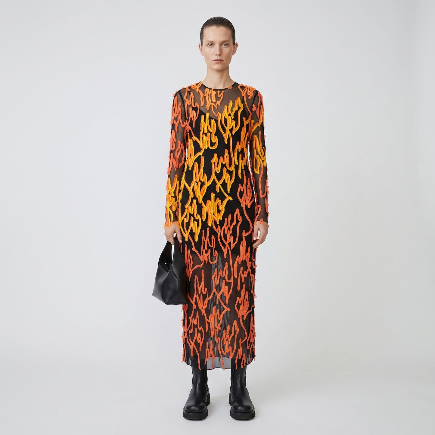 Flame Print Mesh Midi Dress
