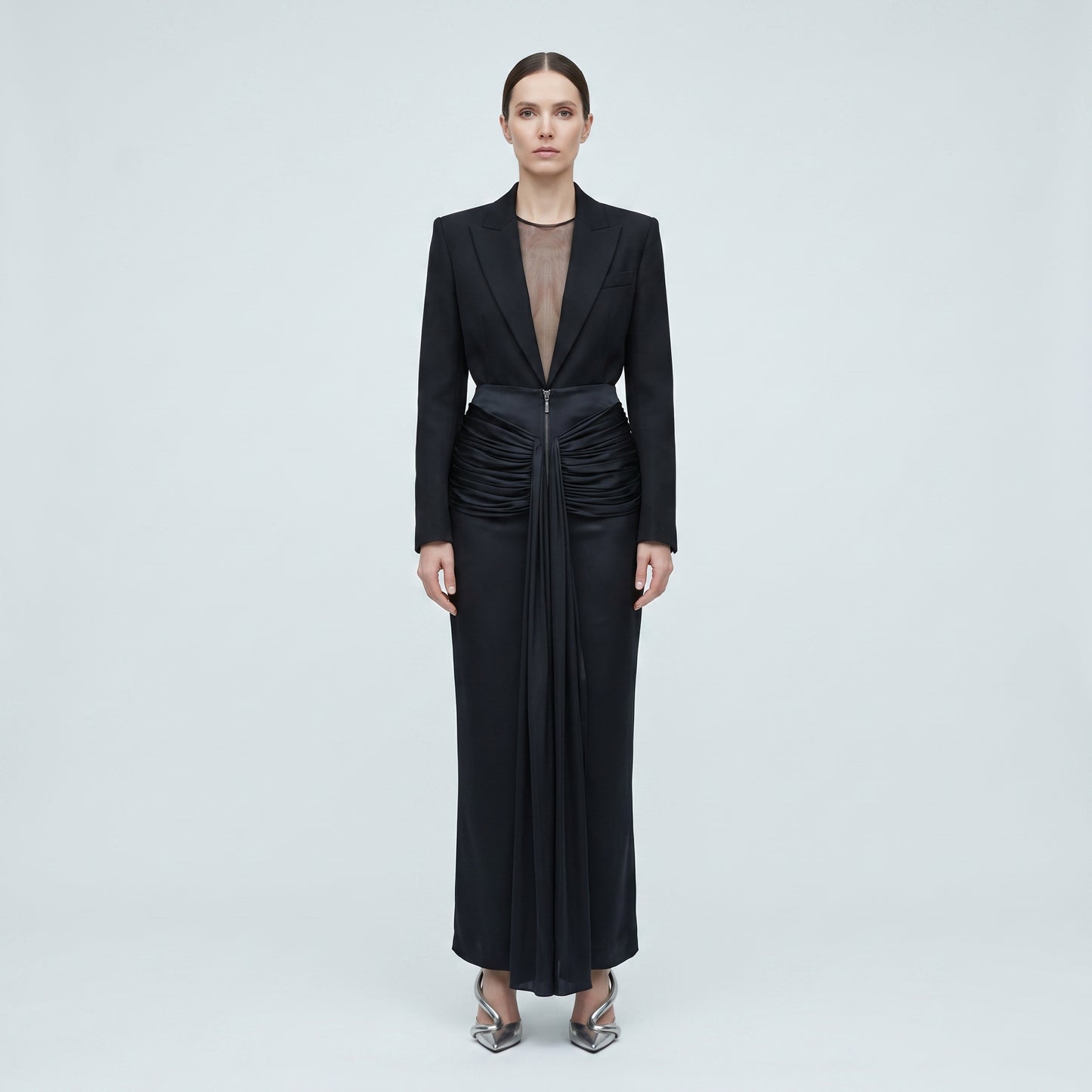 Ruched Satin Midi Skirt