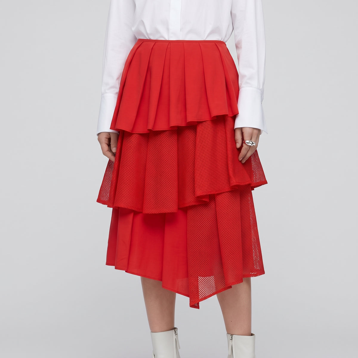 Red Tiered Pleated Midi Skirt