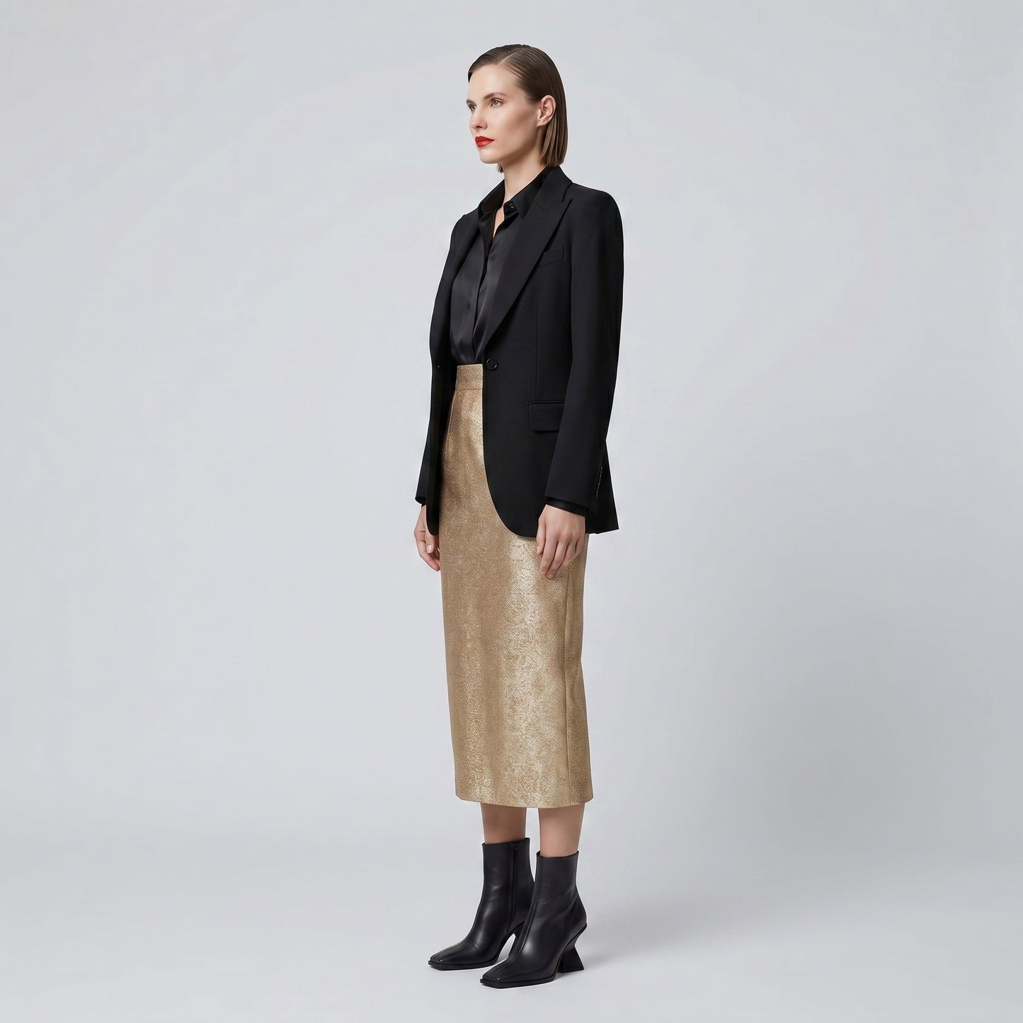 Metallic Gold Midi Pencil Skirt