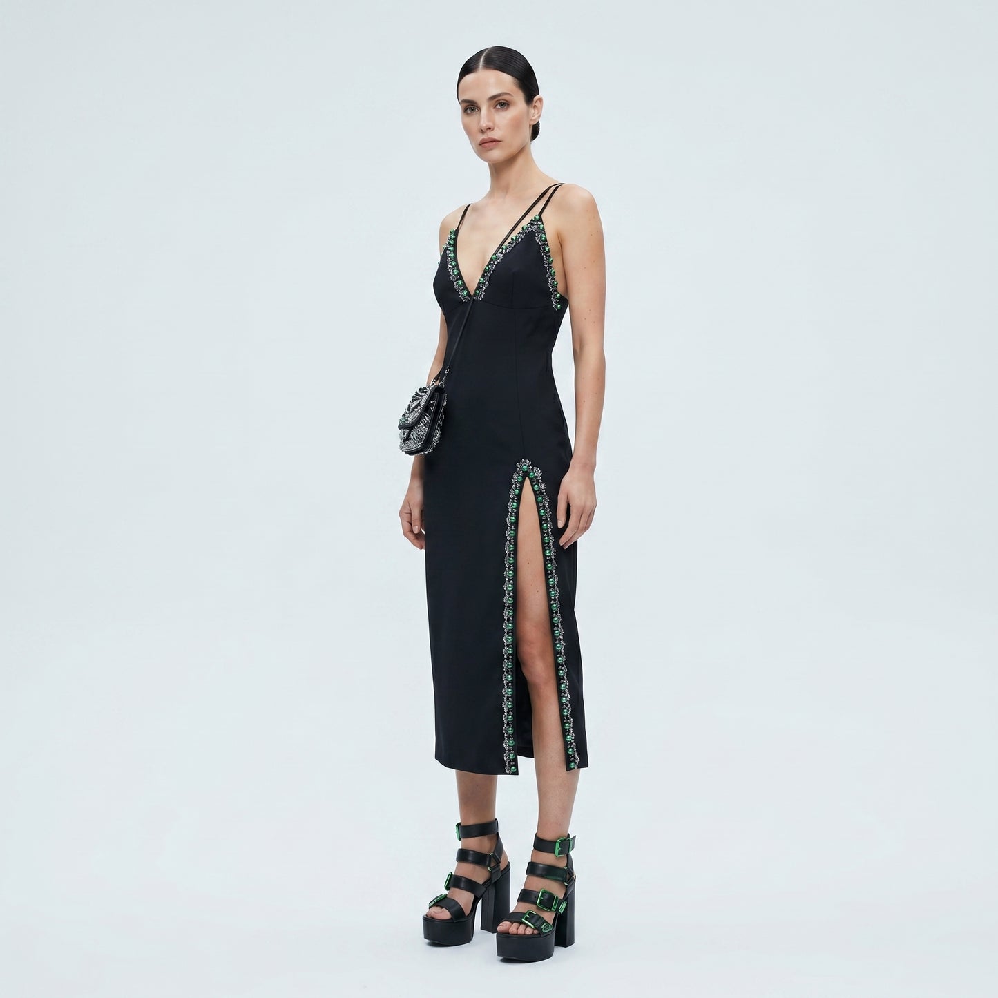 Beaded Trim Slit Midi Dress