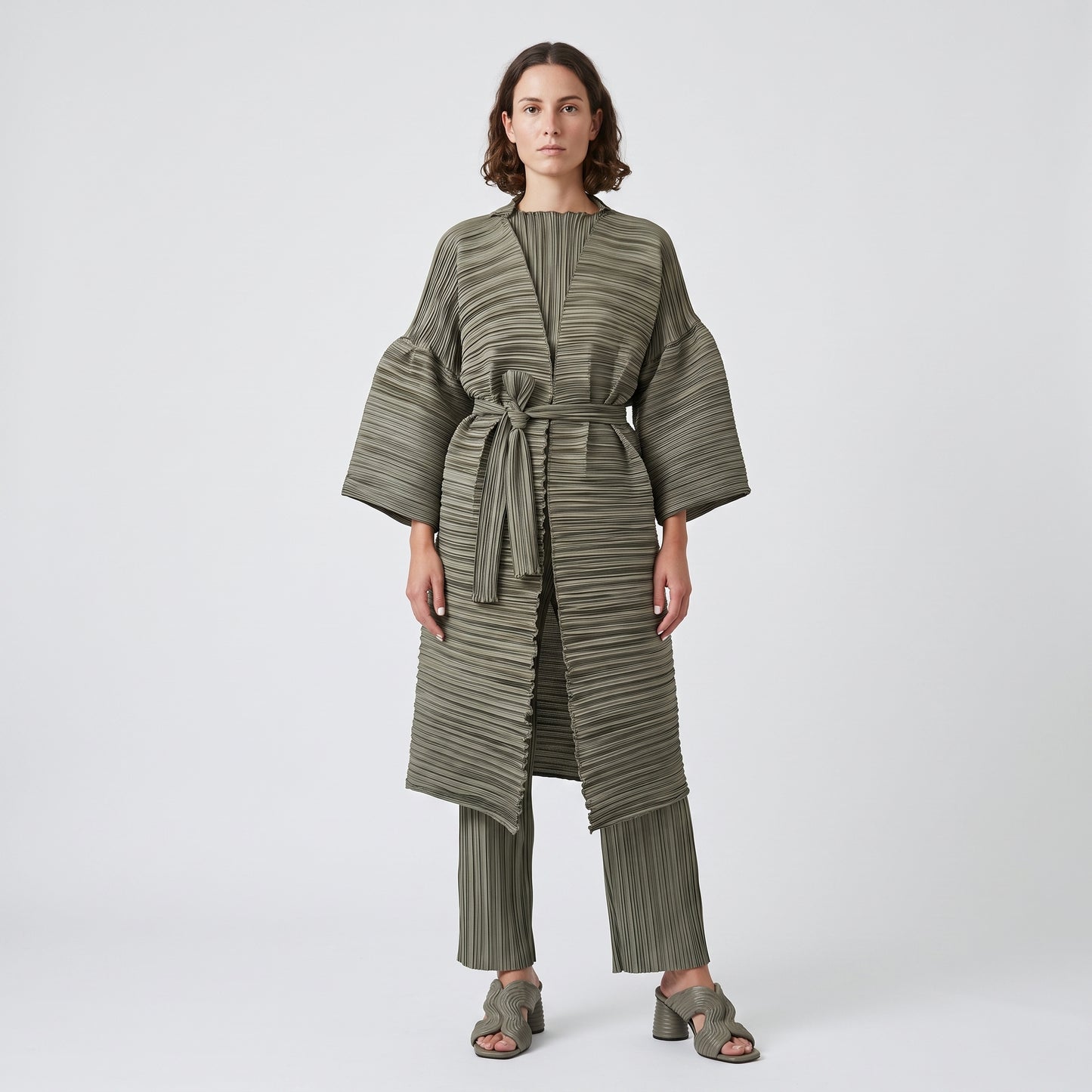 Pleated Olive Tie-Waist Cardigan