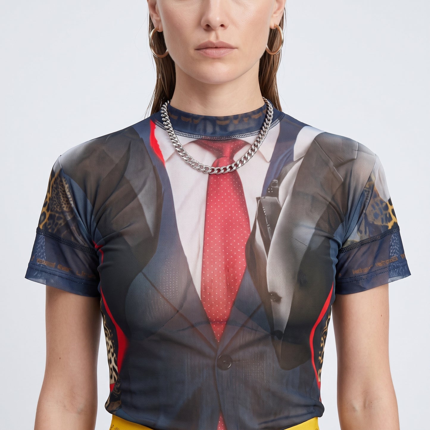 Trompe L'oeil Print Mesh Top