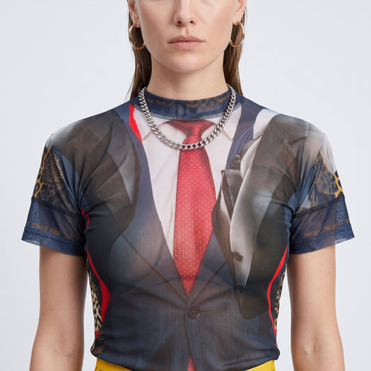 Trompe L'oeil Print Mesh Top