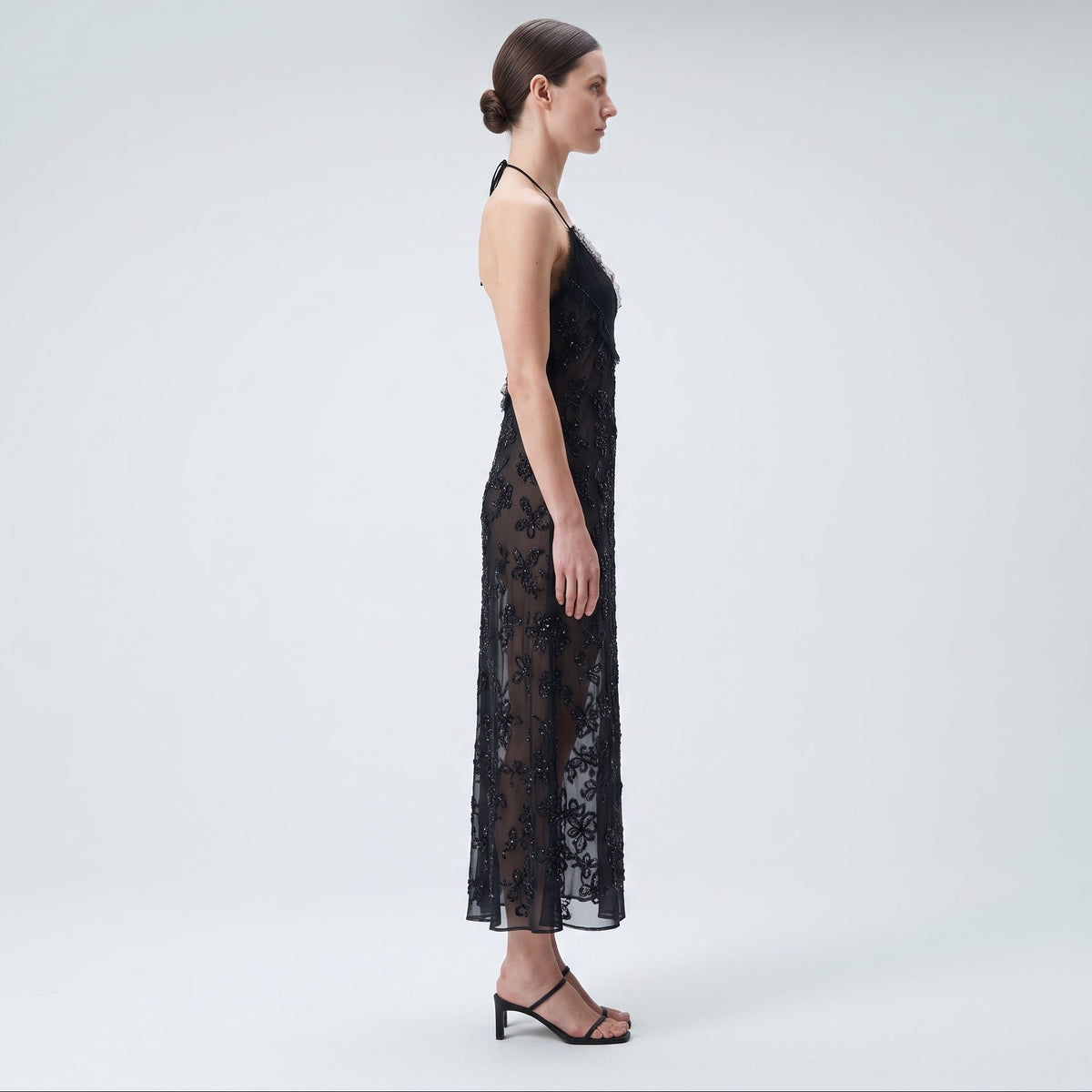 Embellished Black Halter Midi Dress