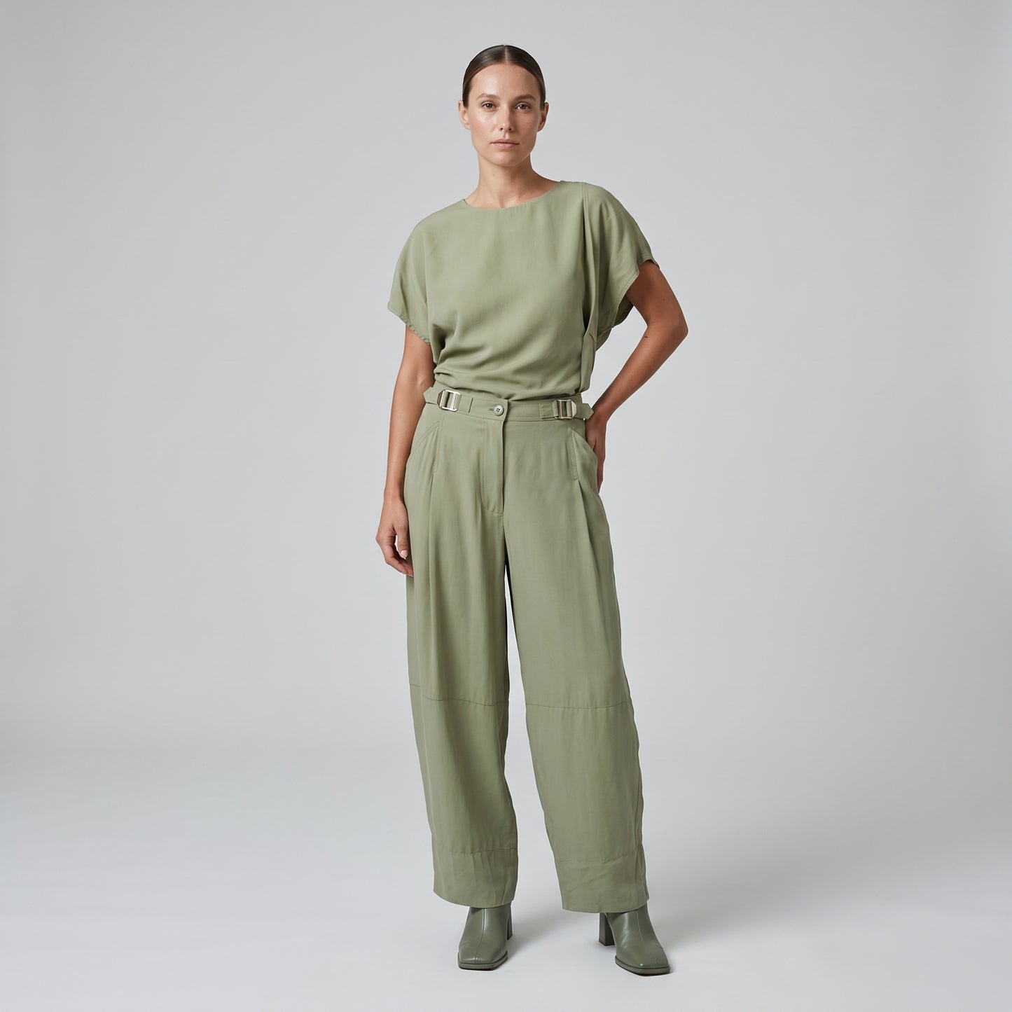 Pleated Sage Green Cropped Trousers