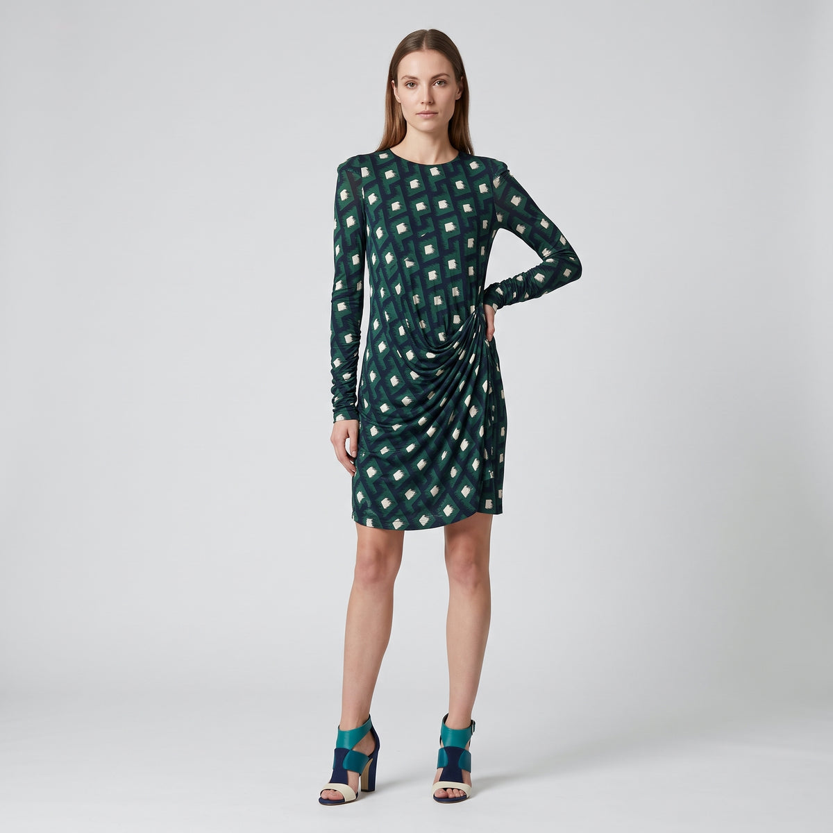 Geometric Print Ruched Mini Dress