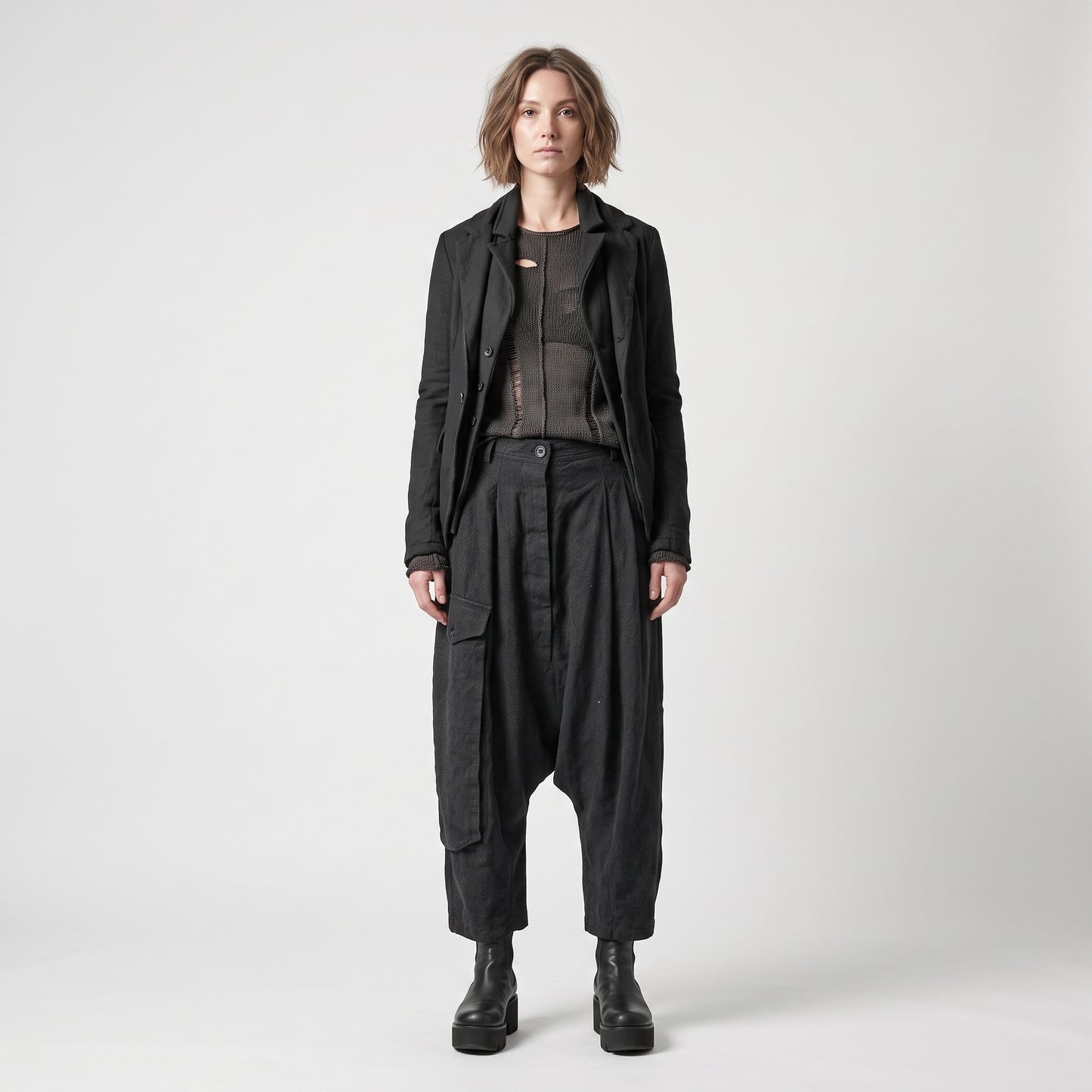 Pleated Drop-Crotch Cargo Trousers