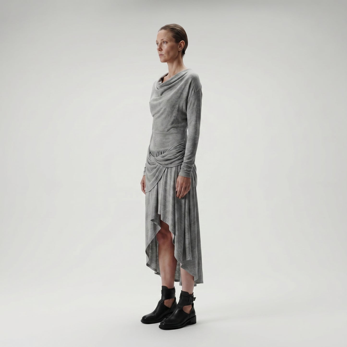 Grey Cowl Neck Draped Dress