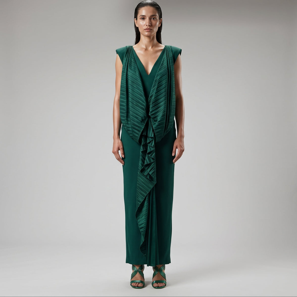 Emerald Pleated Draped Evening Gown