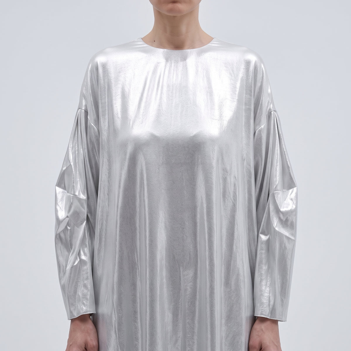 Metallic Silver Pleated Midi Dress