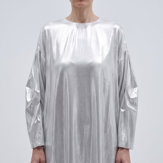 Metallic Silver Pleated Midi Dress