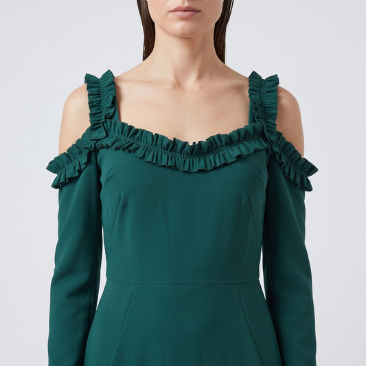 Emerald Ruffle Cold-Shoulder Gown