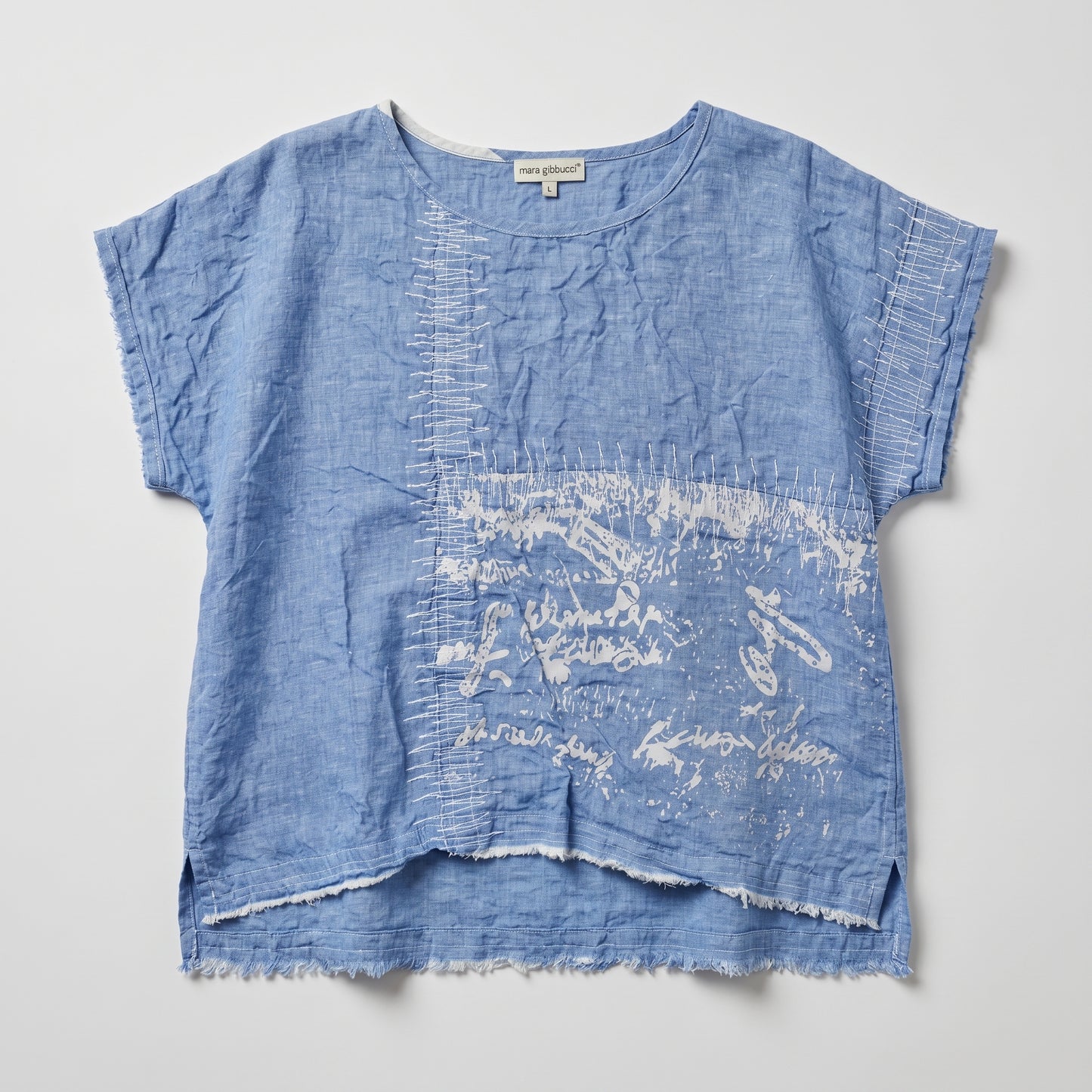 Embroidered Blue Linen Boxy Top