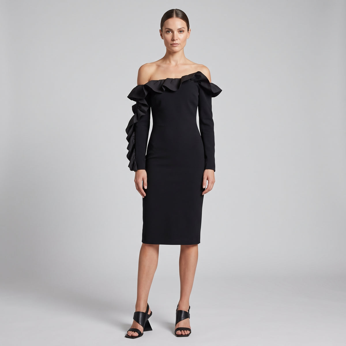 Black Ruffled One-Shoulder Dress