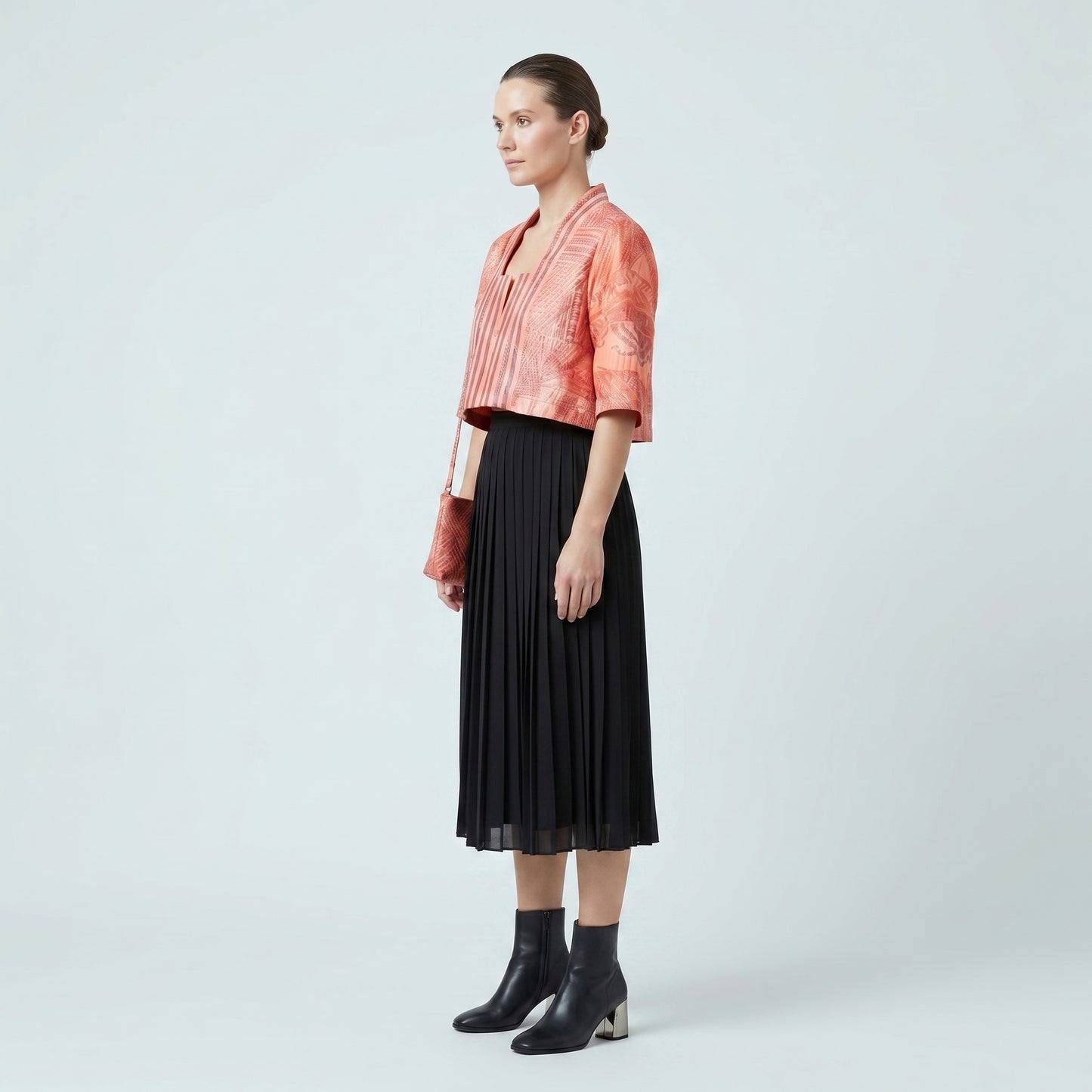 Quilted Coral Jacquard Cropped Jacket