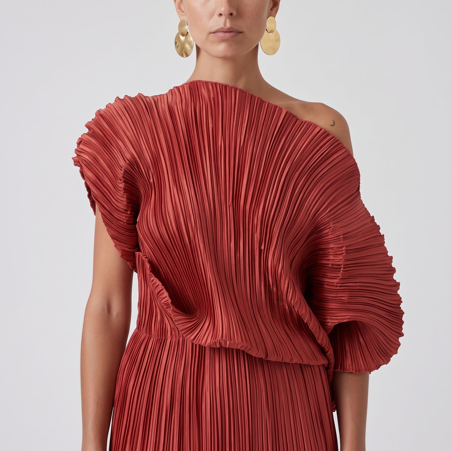 Pleated One-Shoulder Midi Dress