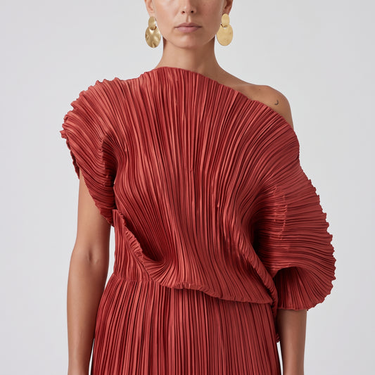 Pleated One-Shoulder Midi Dress