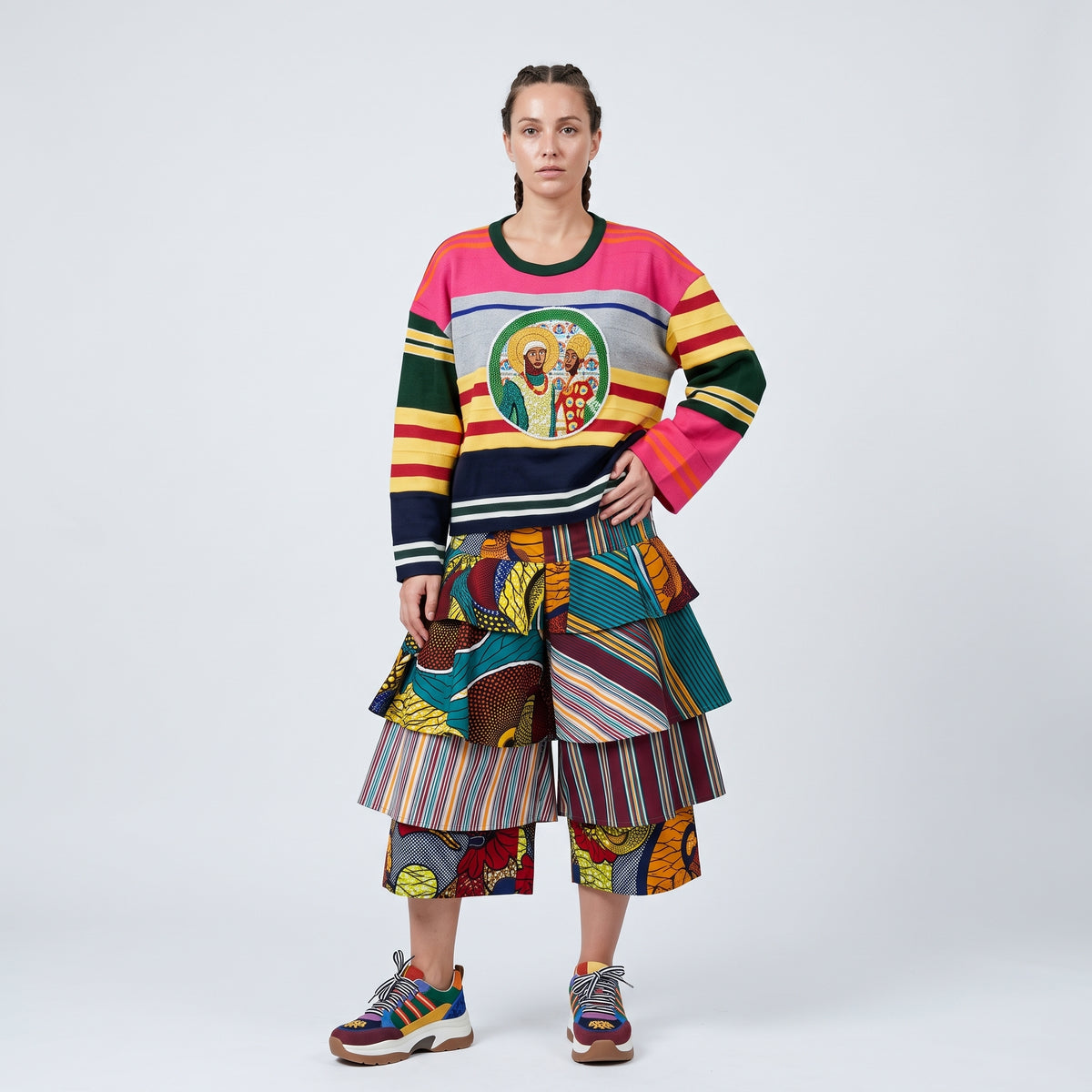 Striped Intarsia Graphic Knit Sweater