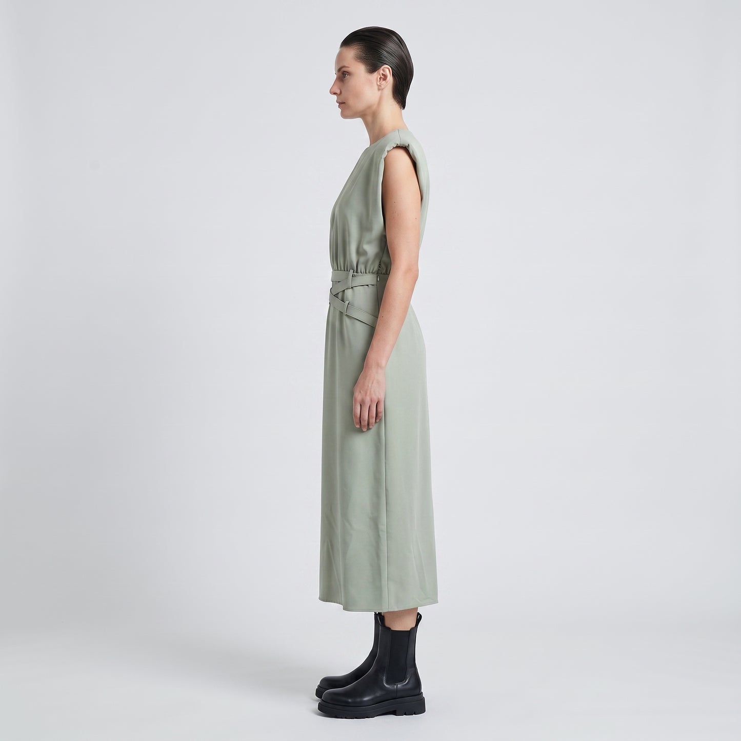 Structured Belted Sage Mini Dress