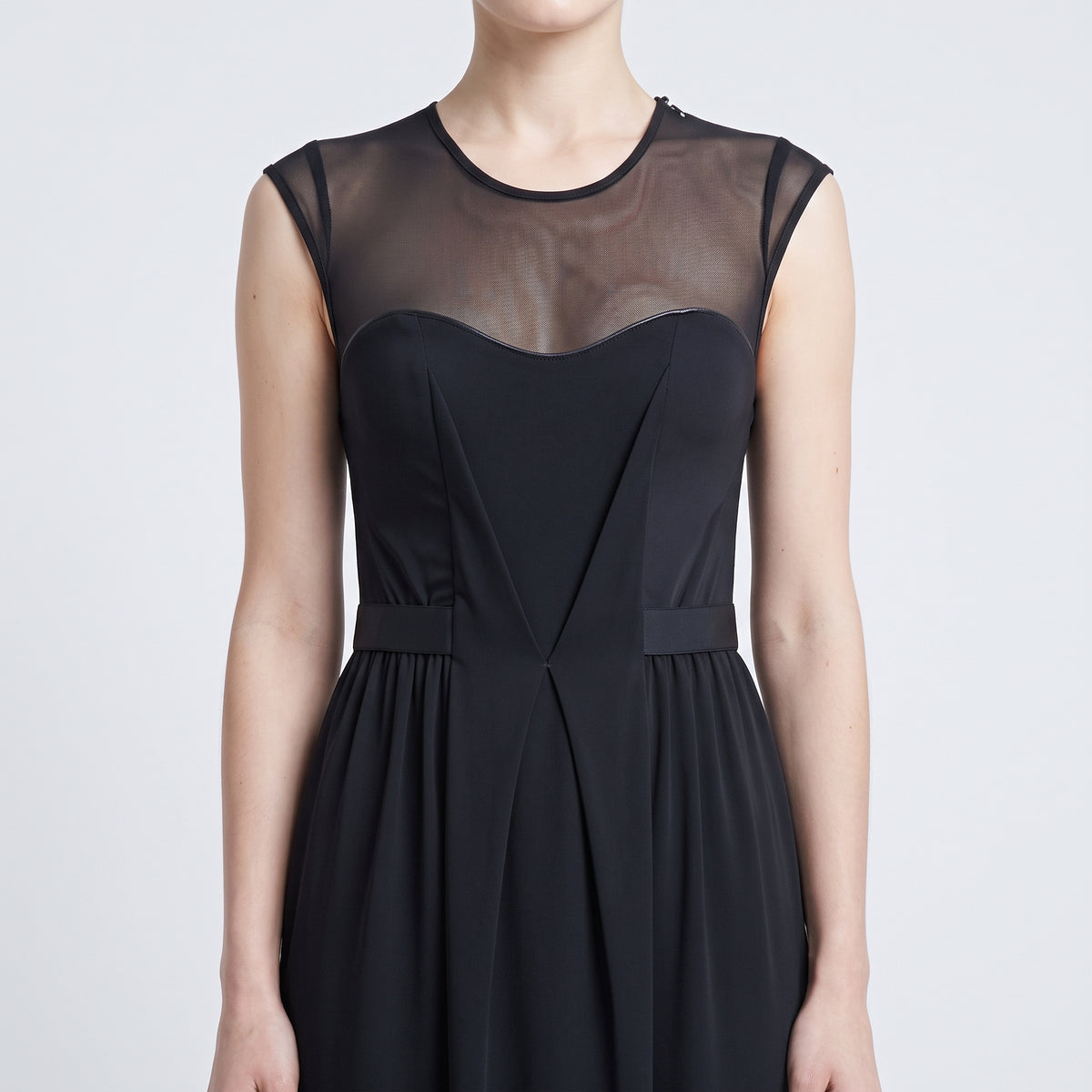 Sheer Yoke Pleated Mini Dress