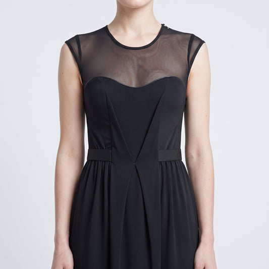 Sheer Yoke Pleated Mini Dress