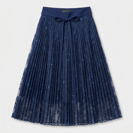 Navy Lace Pleated Midi Skirt