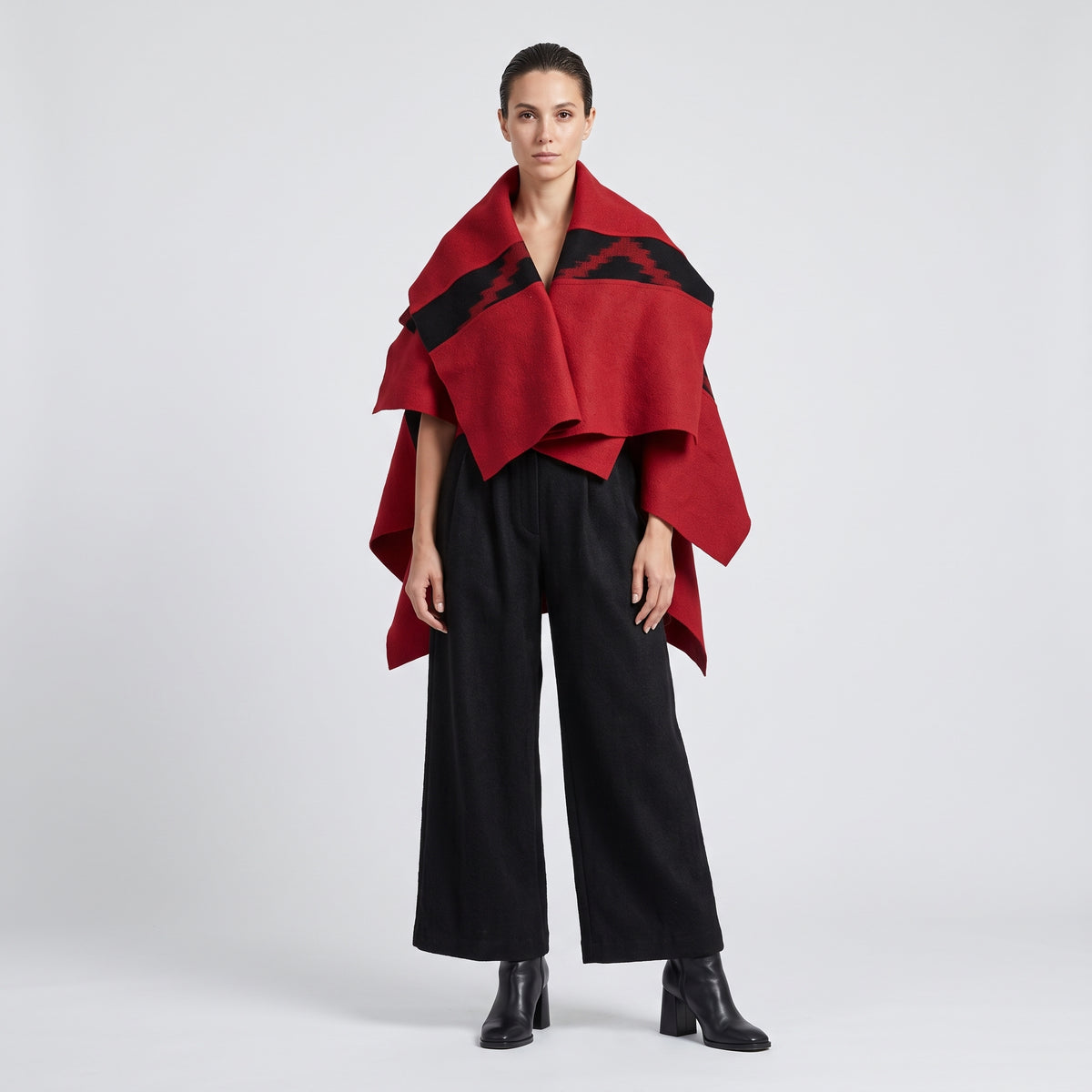 Red Geometric Wool Wrap Cape