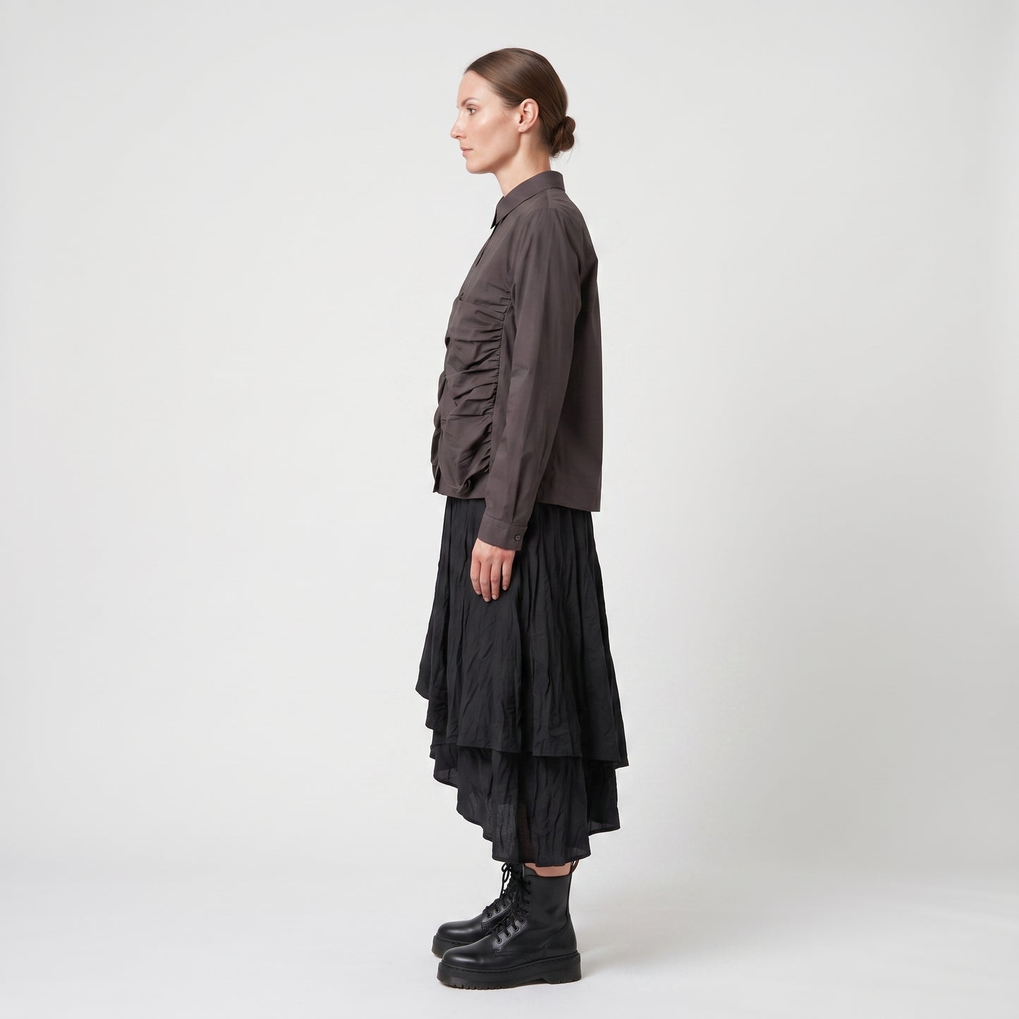 Ruched Button-Down Cotton Shirt