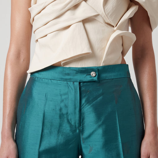 Teal Tailored Silk Trousers