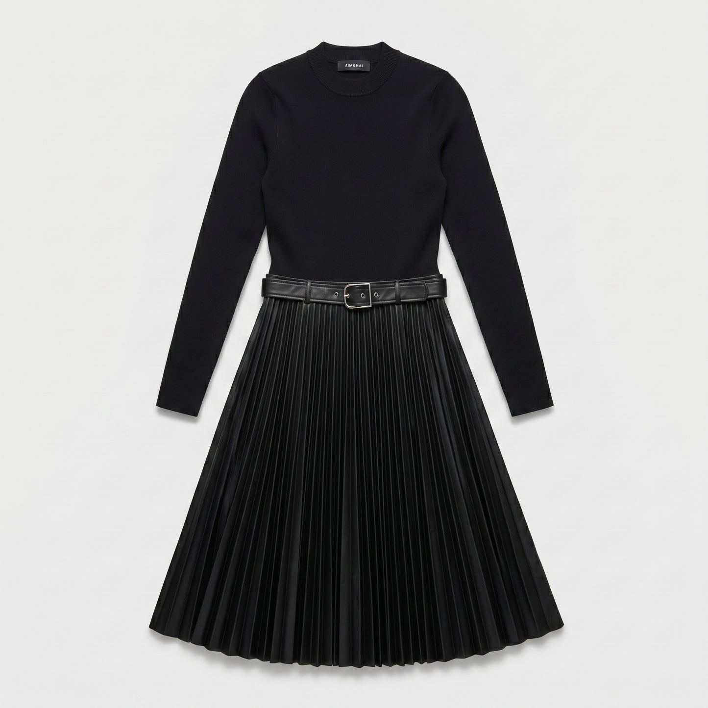 Pleated Faux Leather Knit Dress