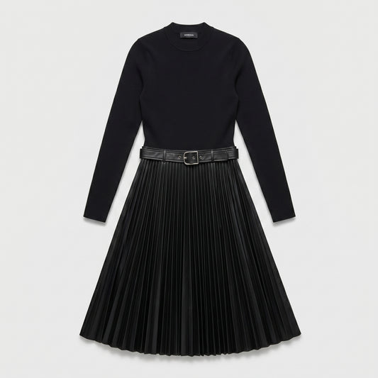 Pleated Faux Leather Knit Dress