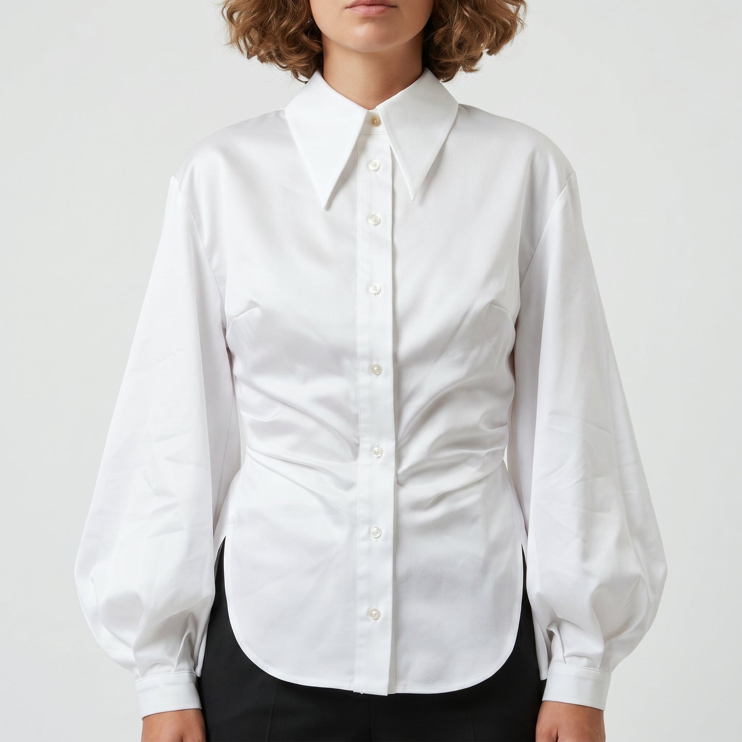 Ruched Balloon Sleeve Cotton Shirt
