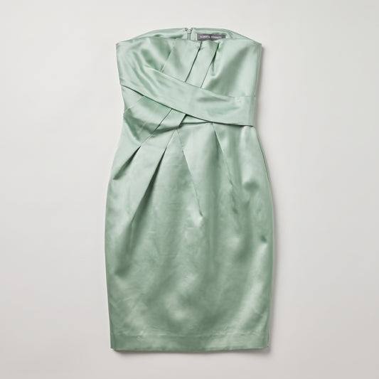 Pleated Strapless Mint Silk Dress