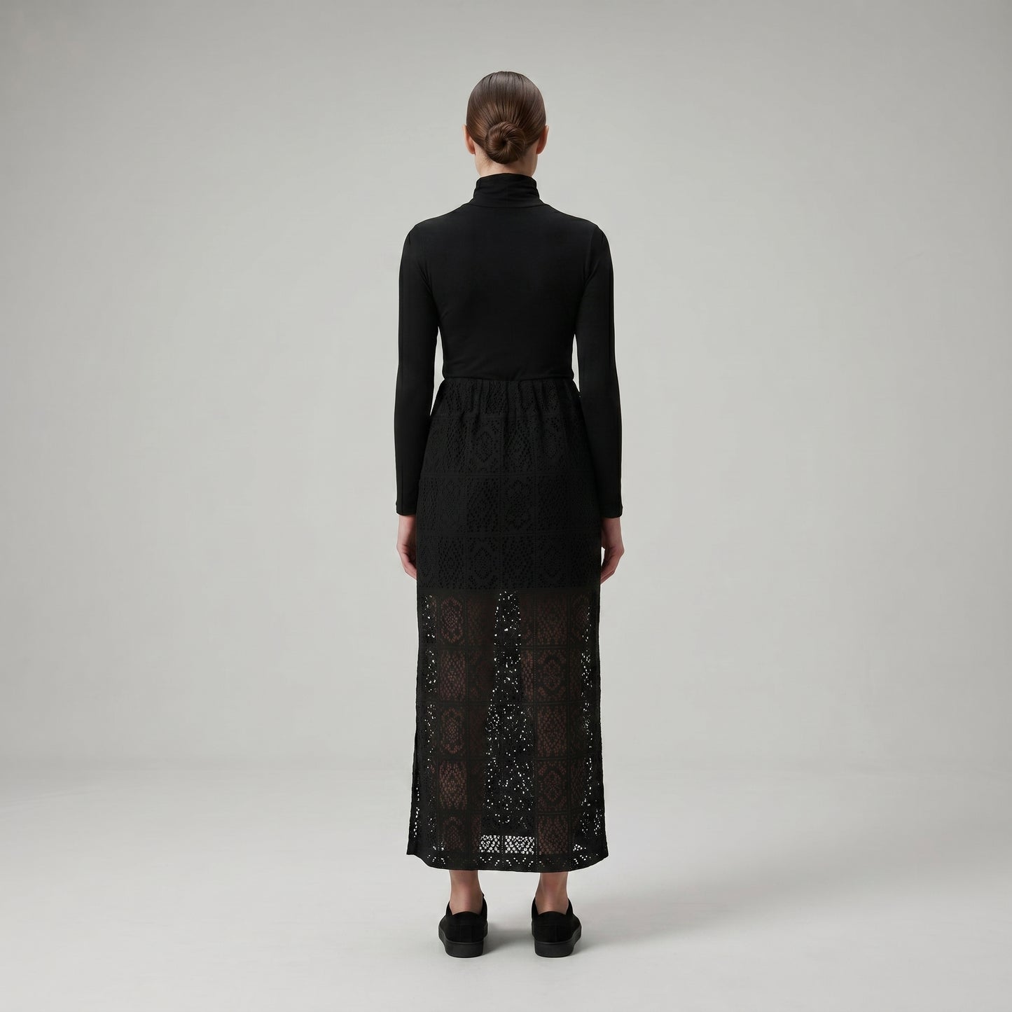 Elegant Black Eyelet Midi Skirt