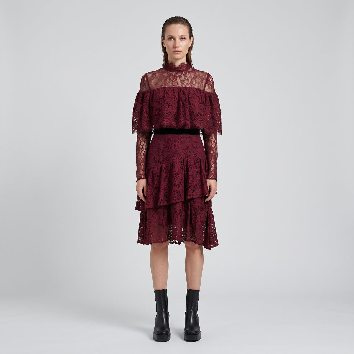 Burgundy Lace Ruffle Mini Dress