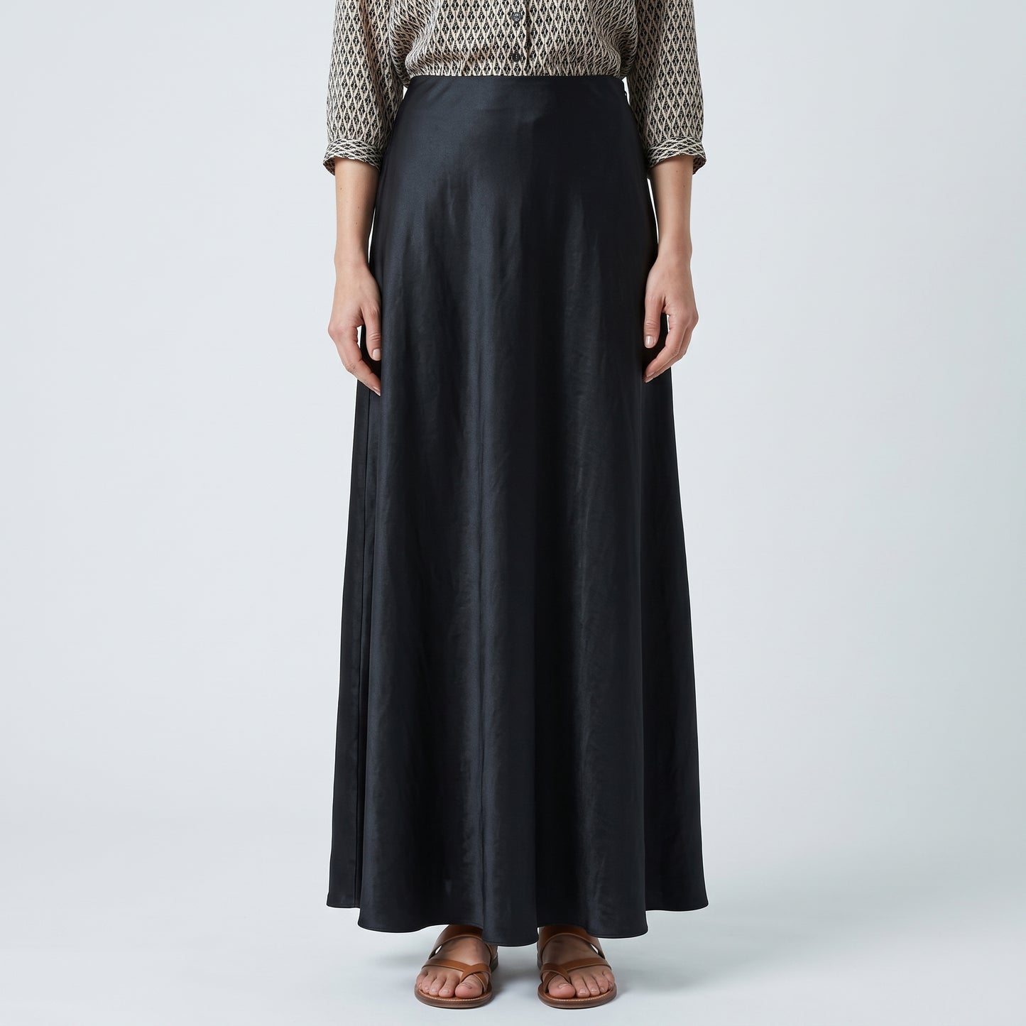 Sleek Black Satin Midi Skirt