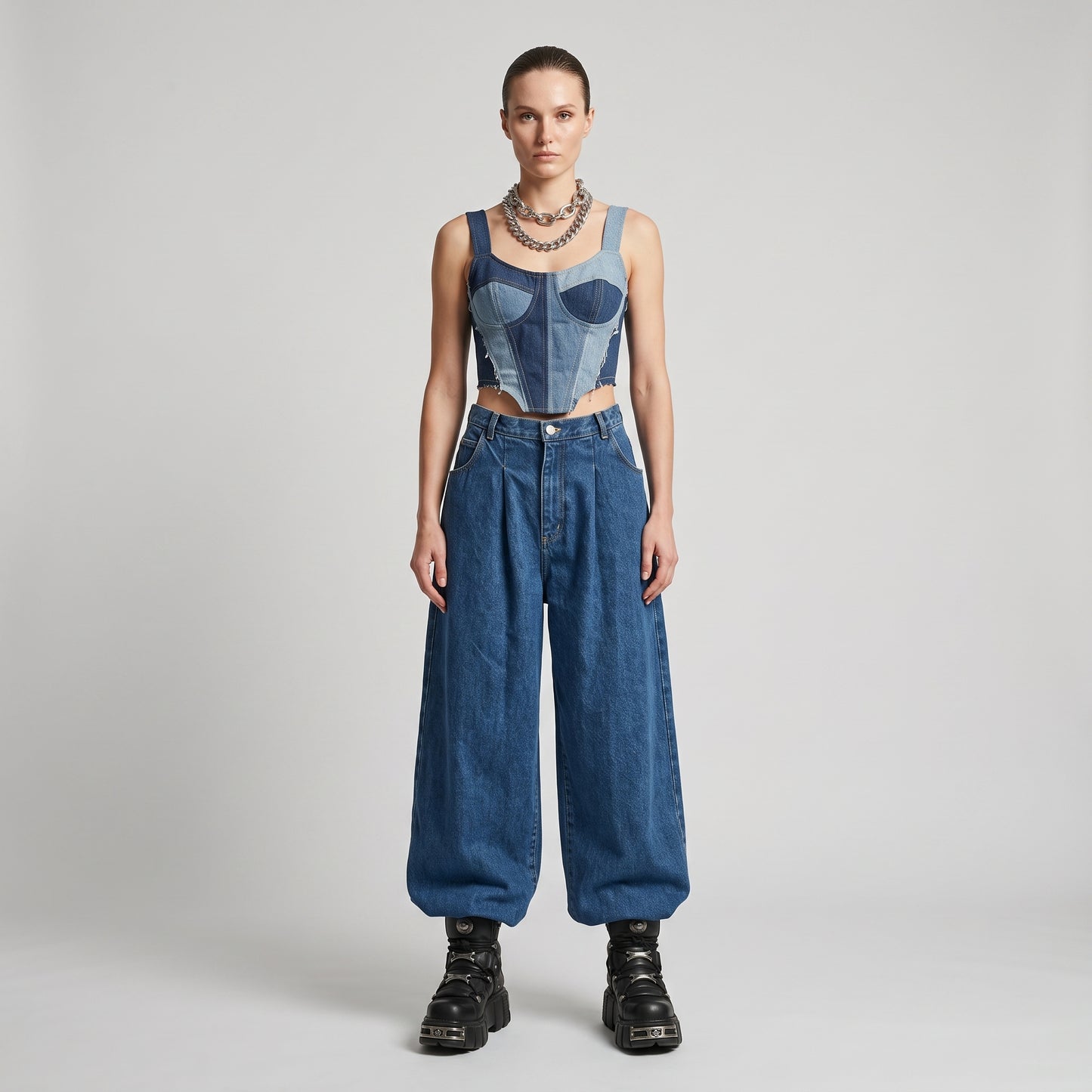 Pleated Wide Leg Denim Jeans