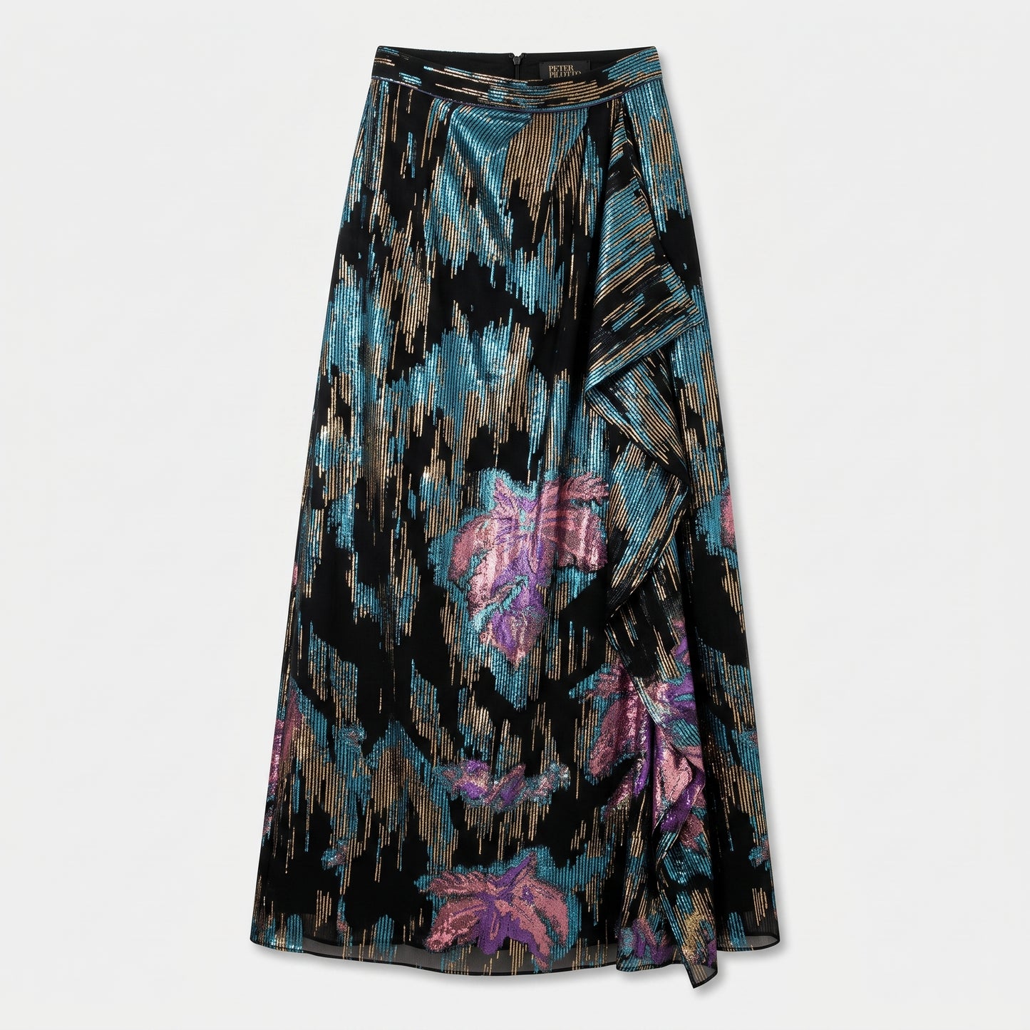 Metallic Floral Ruffle Maxi Skirt