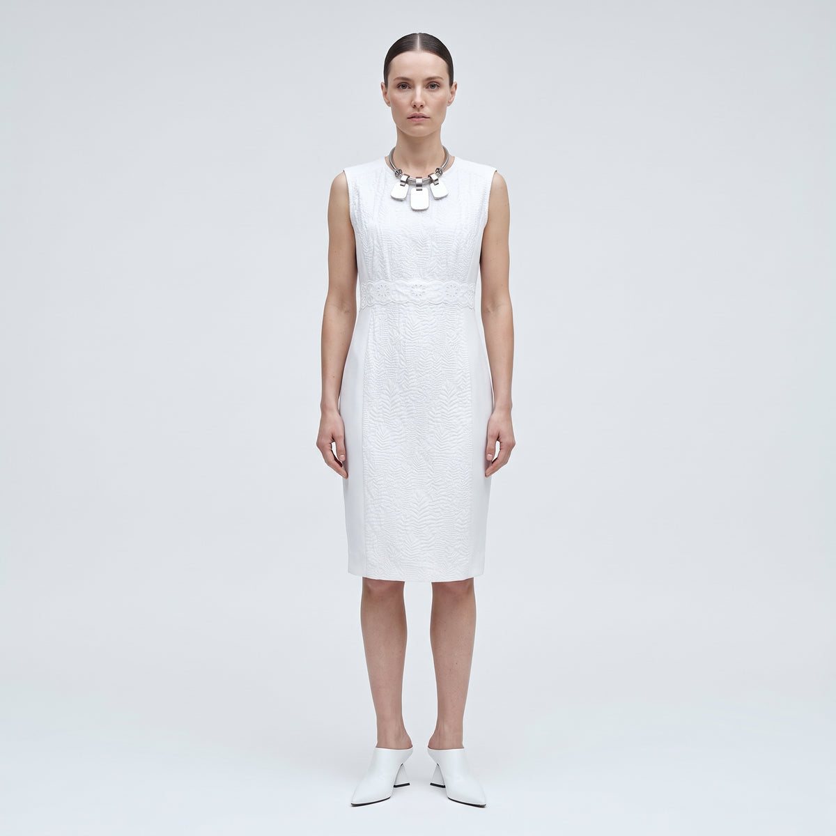 Textured Embroidered White Sheath Dress