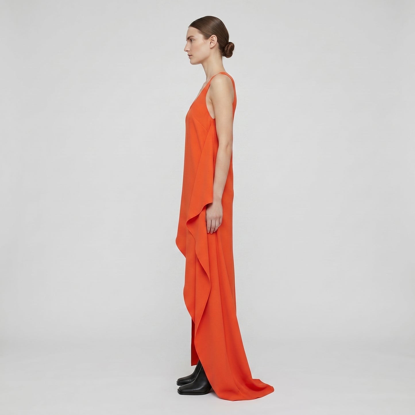 Asymmetric Draped Orange Midi Dress