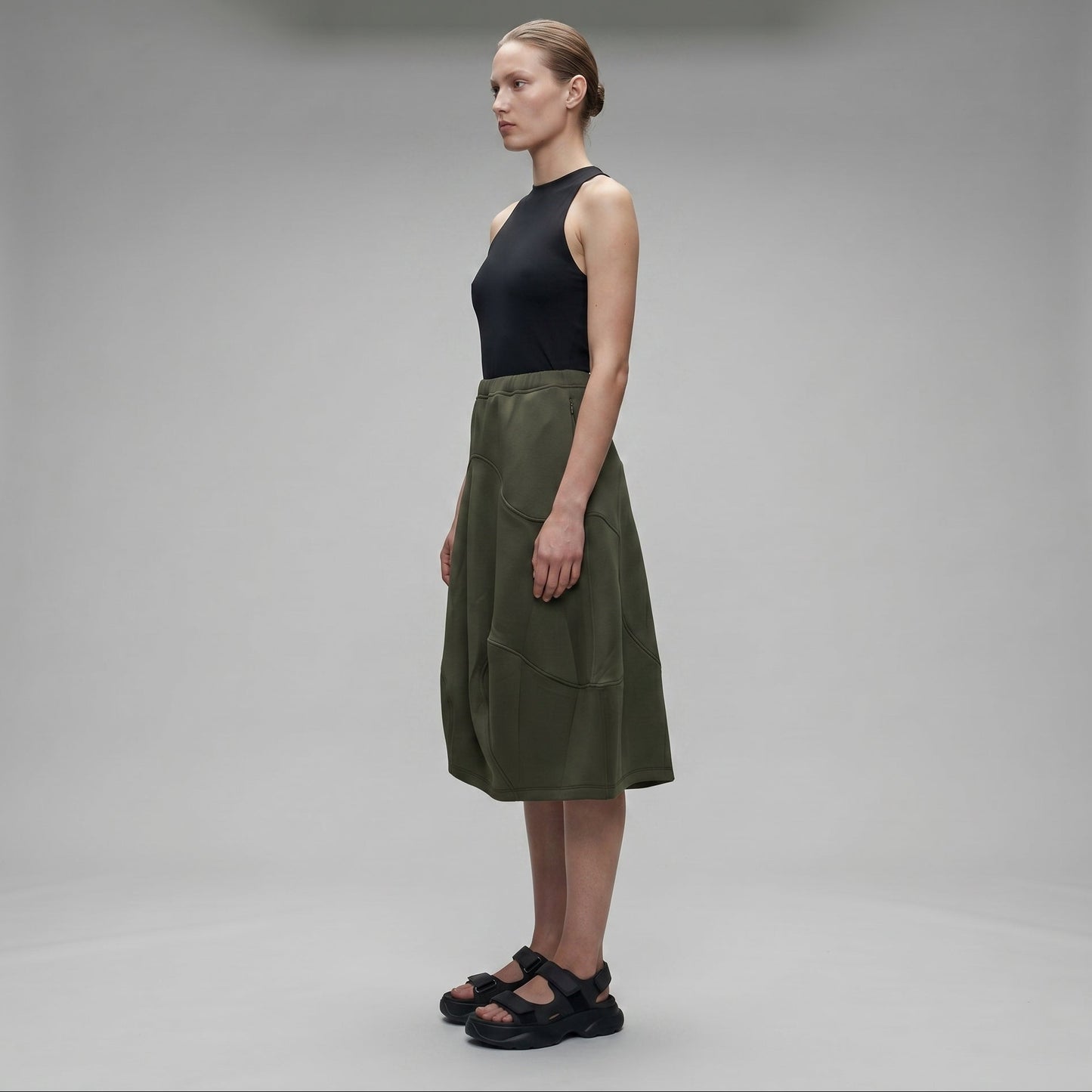 Sculptural Olive Midi Skirt