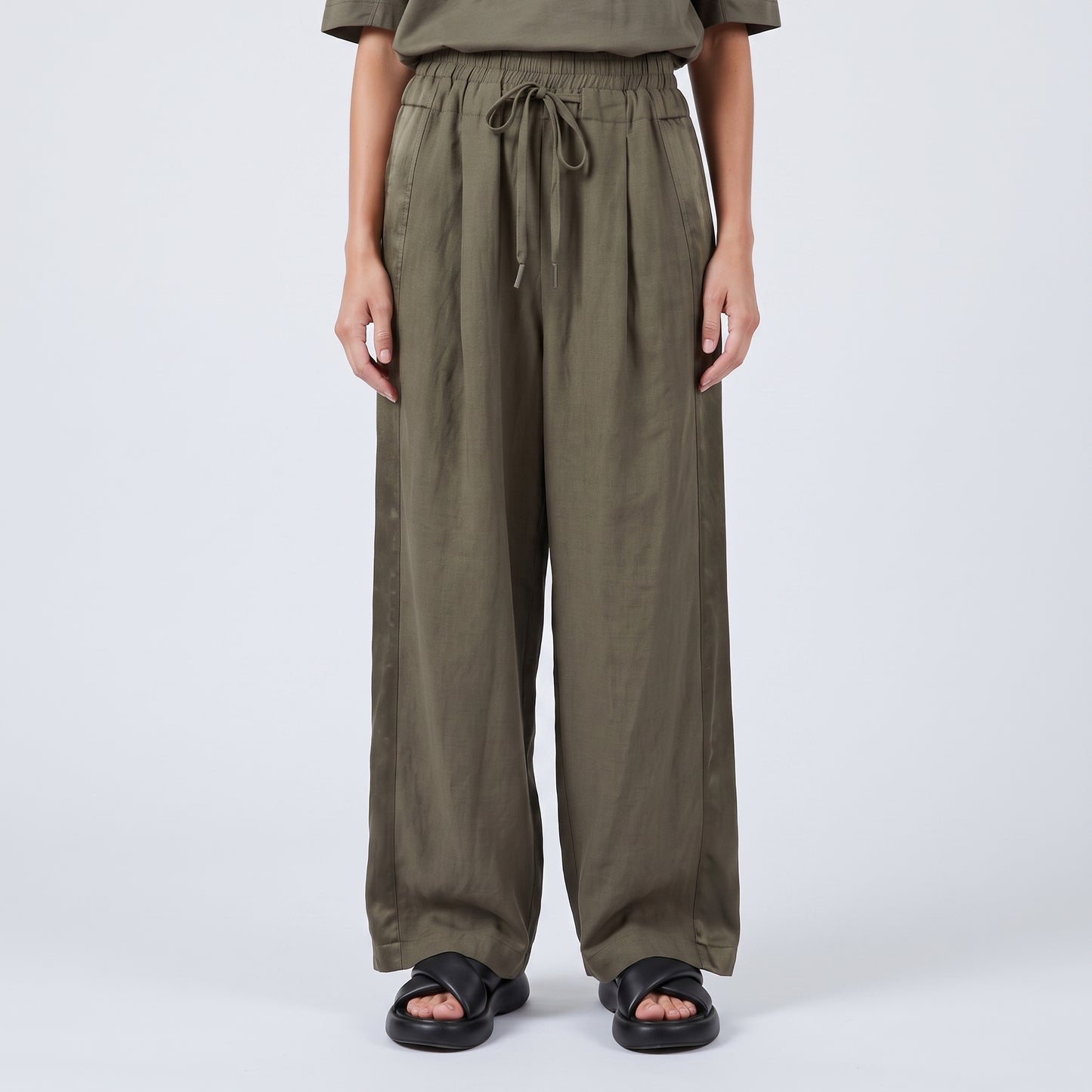 Olive Wide-Leg Satin Detail Trousers