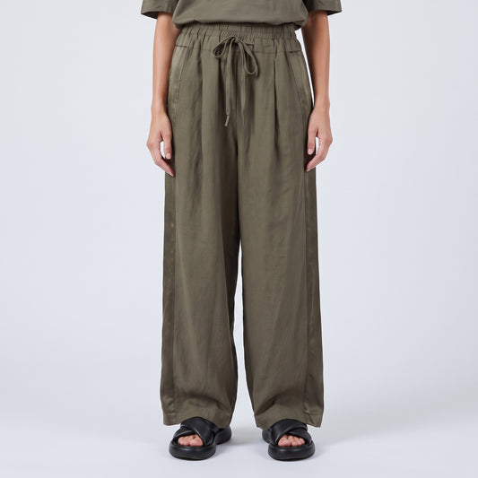 Olive Wide-Leg Satin Detail Trousers