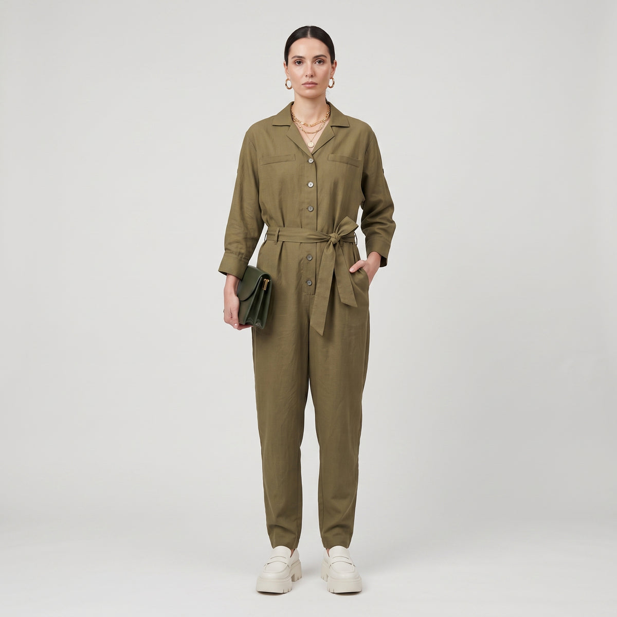 Utility Belted Linen Jumpsuit