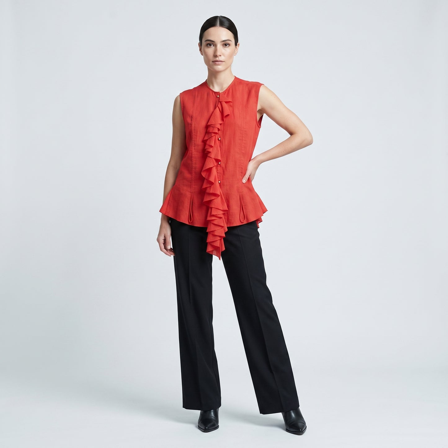 Red Ruffled Sleeveless Blouse