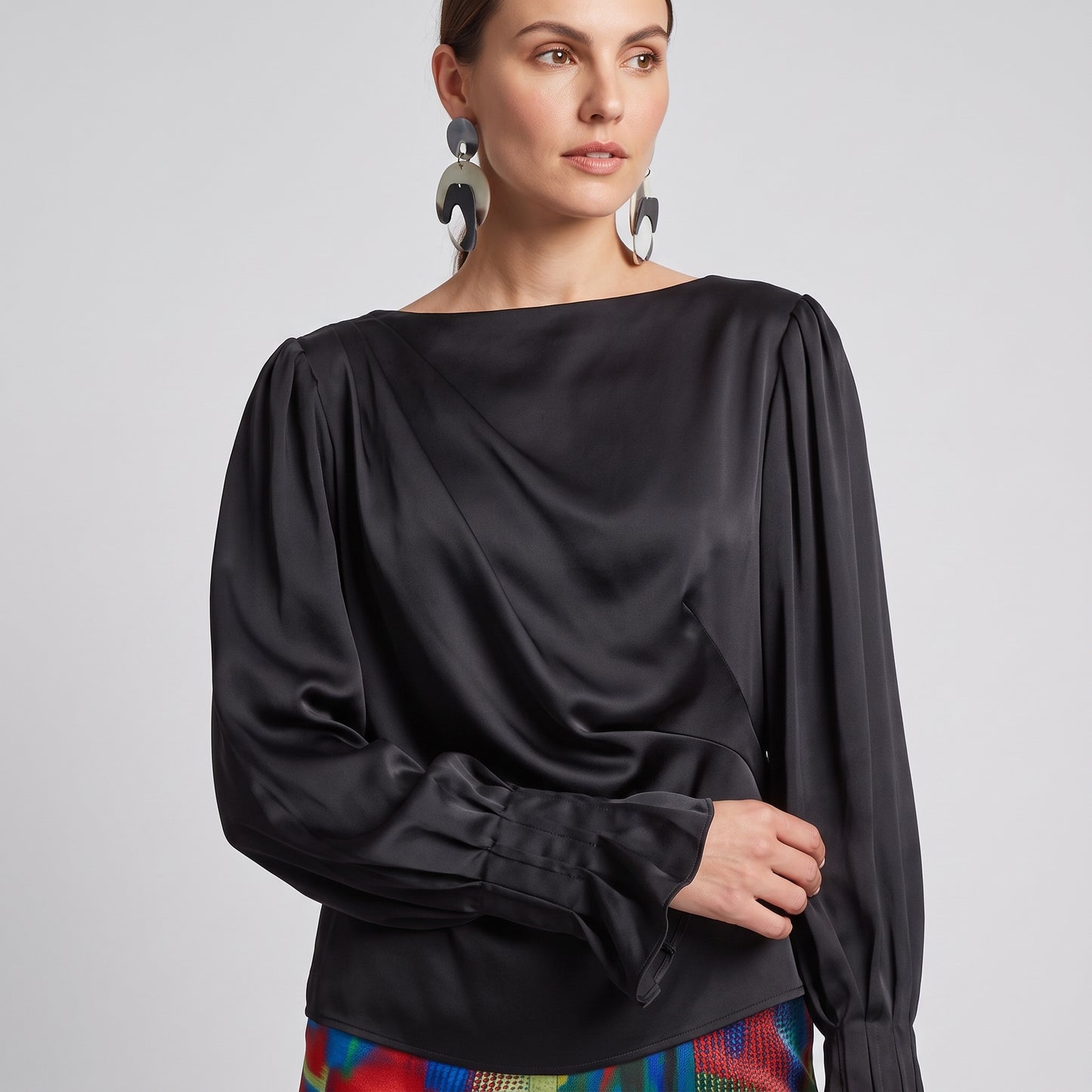 Draped Black Satin Blouse