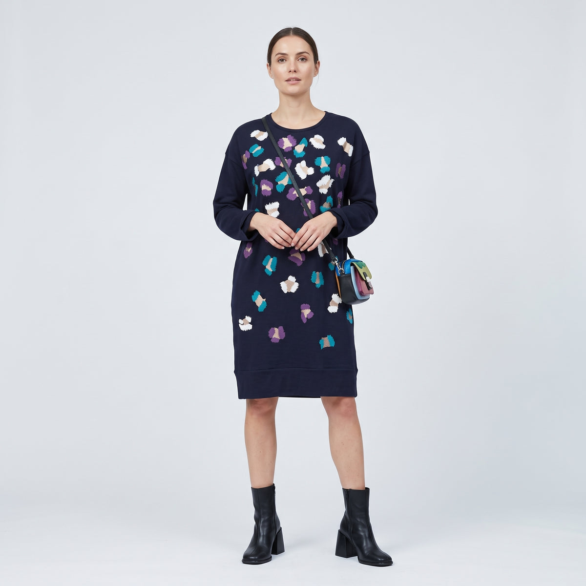 Abstract Embroidered Navy Sweatshirt Dress