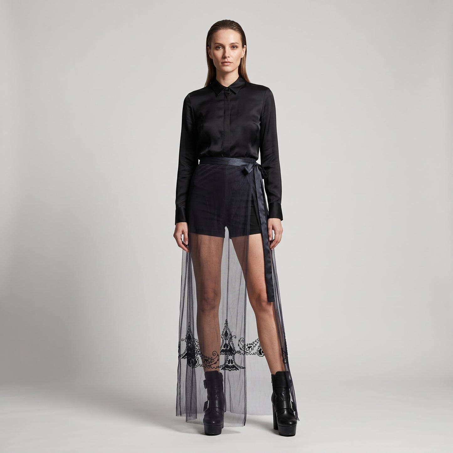 Embroidered Navy Tulle Midi Skirt