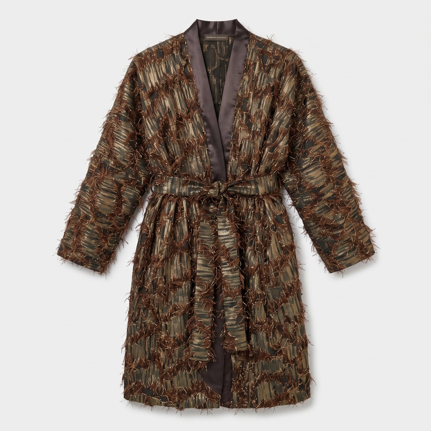 Metallic Fringed Belted Kimono Coat